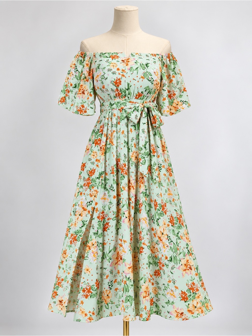 Mint Green One-Shoulder Floral Midi Dress with Tie Waist